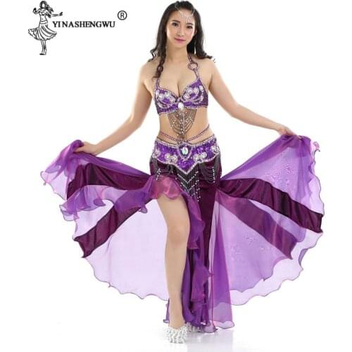 Women Belly Dance Costumes Set Adult Sexy Flannel Split Skirt Oriental Dance Performance Stage Clothing Danceer Bra Belt Skirt