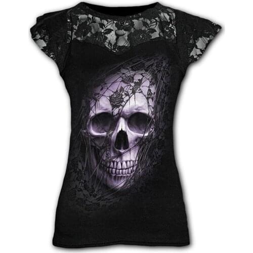 2021 New Plus Size Goth Graphic Lace T-shirt for Women Clothing Black Grunge Punk Tees Ladies Y2k Short Sleeve Top Summer Tshirt