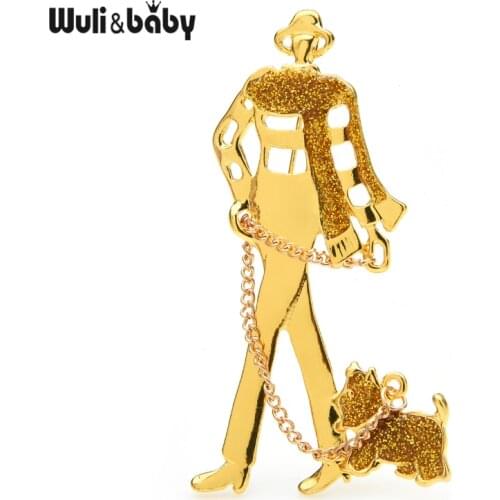 Wuli&baby Lady Walking Take Dog Brooches For Women Metal 2-color Figure Pet Animal Party Casual Brooch Pins Gifts