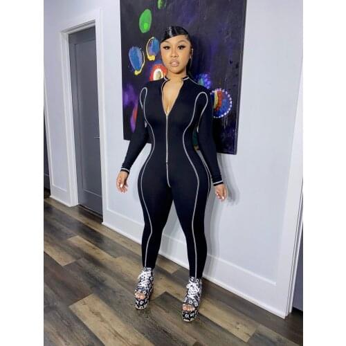 Women full sleeve fitness skinny Jumpsuits zipper o-neck patchwork elastic hight slim sportswear female streetwear outfit