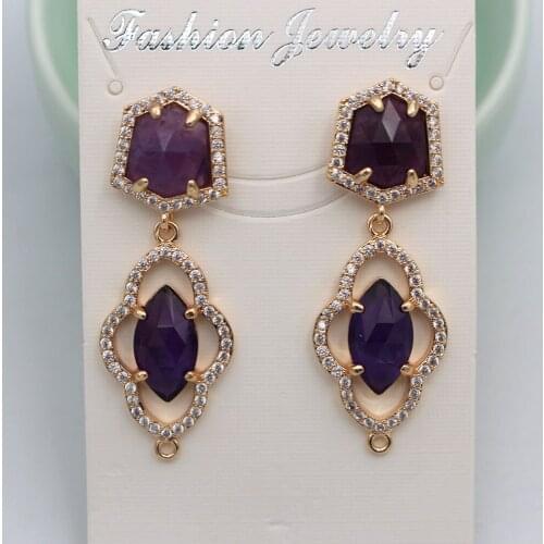 6pairs Stud Earring Connectors CZ Paved Gold Plated Natural Amethyst Lapis Stone DIY for Women Hanging Dangle Earrings Making