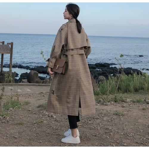 Women Duster Coat Outerwear with Storm Flaps Korean Style Ladies Trench Coat Plaid Long Double Breasted Belted Oversize Loose