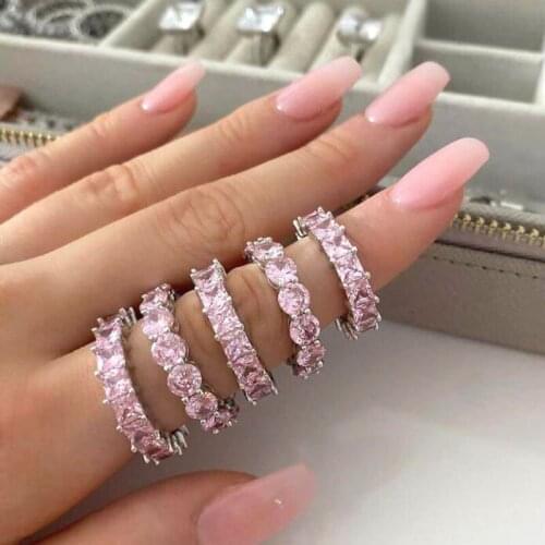 Baguette White Pink CZ Eternity Band Ring For Women Full Cubic Zirconia Paved Engagement Bands Stacking Finger Rings