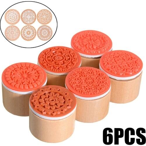 6Pcs/Set Floral Round Pattern Wooden Rubber Stamps Letter Stamp Mandala Lace Floral Pottery Polymer Clay Craft DIY Tool