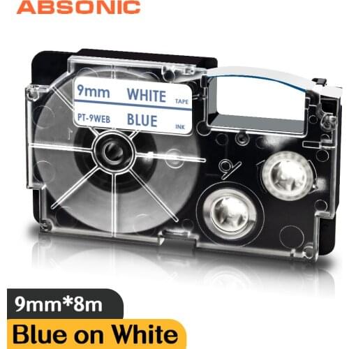 Absonic 9mm*8m Label Tape XR-9WE XR9WE XR-9WEB Blue on White Compatible for Casio Labeler XR9WEB KL-60 KL-120 Label Typewriter