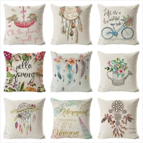 Boho Chic Cushion Cover Cow Skull Feather with Flowers Pillow Cover Square Decorative Throw Pillow Case Fashion Style Pillowcase