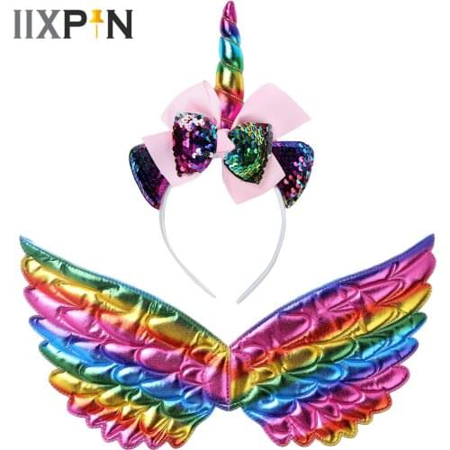 Kids Children Cosplay Glossy Metallic Angel Wings Costume Cute Sequins Cartoon Hairband Set Halloween Party Roleplay Photo Props