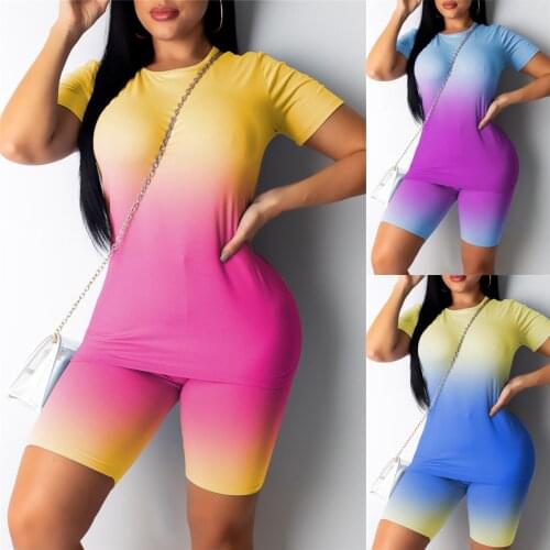 6 Color Women Sport Suit Print Neon Tops Short Pants Workout Clothes Tracksuit Summer Outfit Gradient Bodycon Matching Sportwear