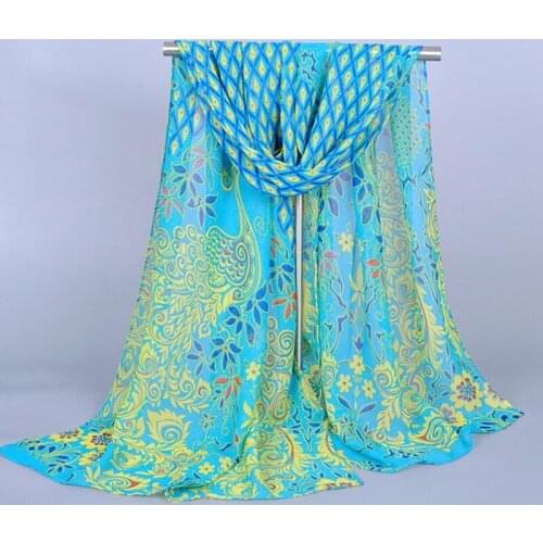 Hot sell india bohemian beach peacock chiffon scarf with print long scarves for women wraps shawl head band stole 160x50cm