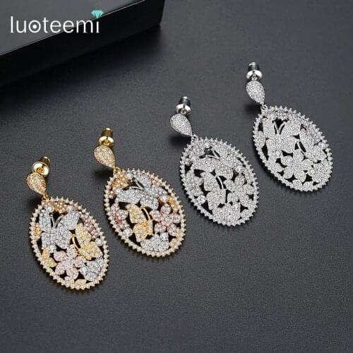 LUOTEEMI Elegant Hollow Butterfly&Flower Oval Dangle Earrings for Women Wedding Party with Shining CZ Bohemia Fashion Jewelry