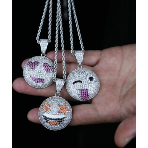 Hip Hop Bling 2021 New Boy Men Fashion Jewelry Geometric Round Pendant Micro Pave CZ Love Lovely Sparkle Happy Face CZ Necklace