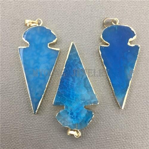 MY0315 Blue Arrow Shape Lace Agates Pendant Charm,Arrow Stone Necklace Pendant,Pure Gold Color Edge Bail for Jewelry Making