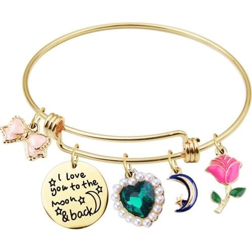 2021NEW Fashion Accessories Womens Bracelet Adjustable Rose Flower Bowknot Crystal Emerald Heart Shape Moon sister I love you