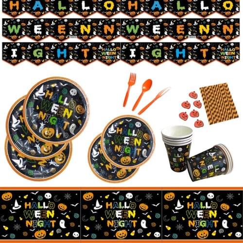 Halloween Party Disposable Tableware Plate Cup Straw Decoration Halloween Night Banner Decor Tablecloth Decoration Supplies kw17