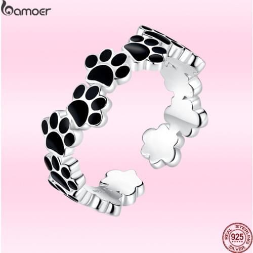 Bamoer Authentic 925 Sterling Silver Black Enamel Dog Puppy Paw Ring Adjustable Pet Love Anniversary Gift Fine Jewelry GXR603