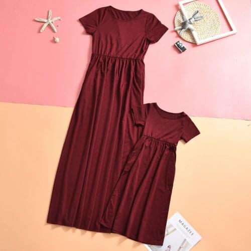 Mother And Daughter Red Dress Summer Solid Color Short-sleeved Long Skirt Dress Family Matching Outfits Baby Girl Clothes