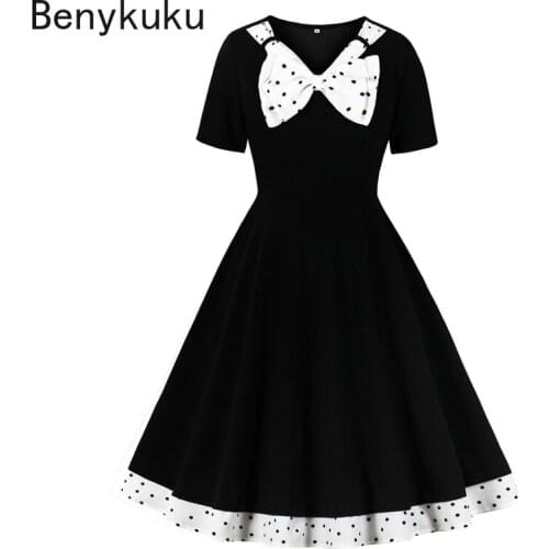 Polka Dot Bow Neck Elegant 50s Vintage Style Women Pinup Dress Short Sleeve Spring Midi Dresses Party Retro Clothes
