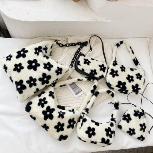 HOT Flower Plush Shoulder Bags for Womens Autumn Winter Fashion Ladies Vintage Handbags Women Large Capacity Messenger Bag 2021