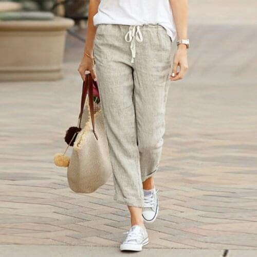 Solid Lady Casual Trousers Drawstring Elastic Waist Cotton Linen Women Trousers Straight Ankle Length Women Oversize Pants 3XL