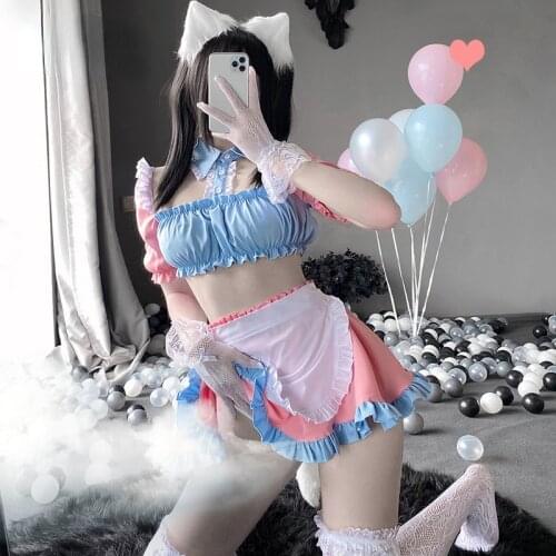 Sexy Maid Cosplay Costumes Female Lolita Maid Outfit Cute Cat Ear Pink Blue Top Short Skirt Uniform Halloween Lingerie Dress
