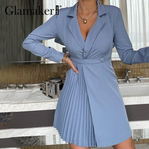 Glamaker Blue pleated patchwork blazer dress Office ladies autumn winter Straight chic dress vestidos Fashion elegant dress 2021