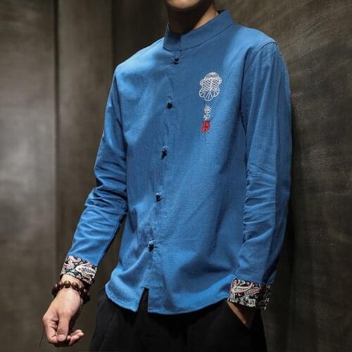 Embroidered Tradictional Chinese Clothing For Men Cotton Long Sleeve Casual Mandarin Collar Shirts Kung Fu Tang Suit Tops CN-133