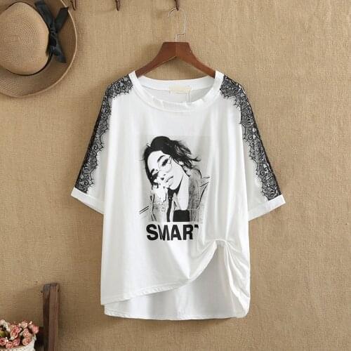 Plus Size T Shirts O-Neck Short Sleeves Knitted Cotton Shoulder Lace Stitching Figure Print Large Summer Dress Fatlady Tops