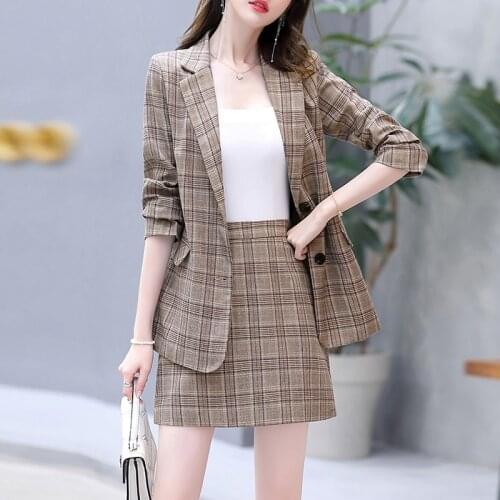 2021 Retro Plaid Blazer Set Single-breasted Jacket & Pencil Skirt 2 Pieces Skirt Suit Female Office Ladies Blazer Suit