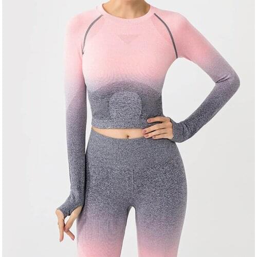 Ombre Women Yoga Set Seamless Leggings Long Sleeve Crop Top Sports Bra Running Pants Gym Clothing Fitness Workout Sports Suit