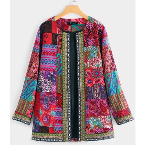 5XL Plus Size 2021 Autumn New Women Long Sleeve O-Neck Cotton Linen Colorful Print Vintae Cardigans Casual Loose Jacket Coat