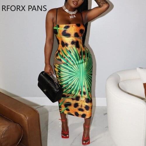 Women Cami Spaghetti tiger Strap Tropical Graphic Sexy Bodycon Dresses