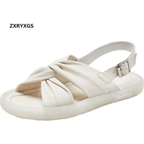 ZXRYXGS Soft Genuine Leather Summer Women Sandals 2020 Famous Soft Sole Non-slip Wear Comfortable Sandals Flat Casual Sandals