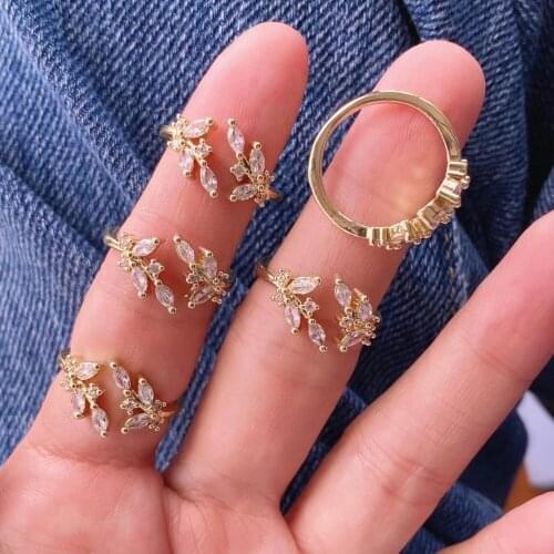10Pcs Charm Clear Zircon Leaf Shape Lucky Brass Fashion Open Cuff Finger Rings For Women