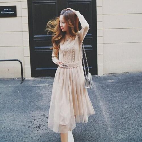 2020 Autumn Winter Dress For Women Fashion High Quality O-neck Slim Long Sleeve Long Knitting Patchwork Mesh Woman Dresses