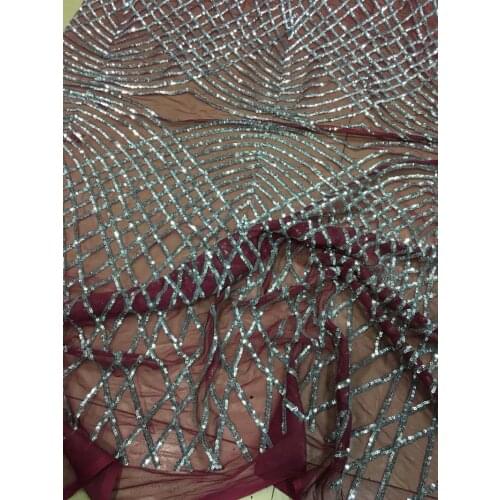 5yards/pc) fashion African sequins French net lace fabric with embroidery in wine red and silver for party dress FSQX06