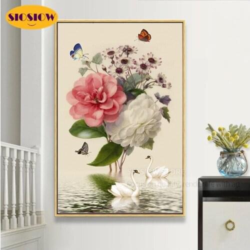 DIY 5D Diamond Painting Cross Stitch Pink Flower Rose Swan Full Square Drill 3D Diamand Mosaic Embroidery Home Decor Living Room