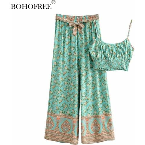 Boho Vintage Floral Print Rayon Cotton Long Pants + Shirts 2 Pieces Setwear Bohemian Summer Casual Jumpsuits Romper Women
