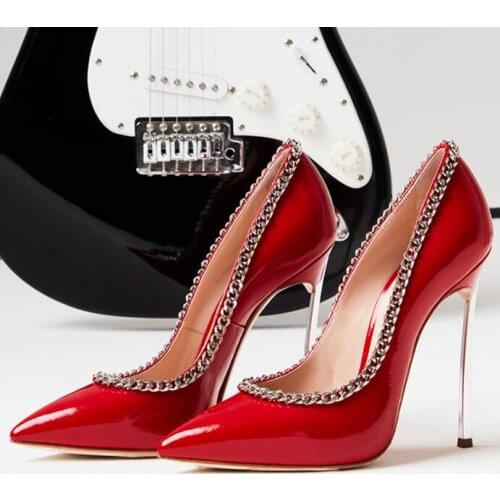 Carpaton Newest Red Patent Leather High Heel Shoes Pointed Toe Shallow Sexy Pumps Metal Chains Decorations Party Dress Shoes