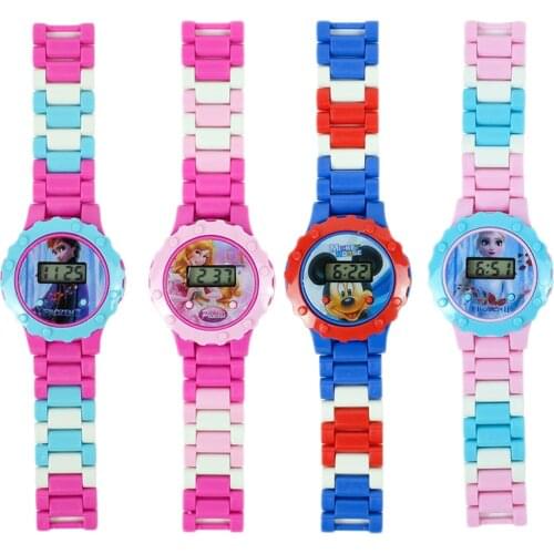 Disney Mickey Frozen Aisha princess LED electronic watch Building Blocks Assemble Doll Creativity electronic watch Boy toy watch
