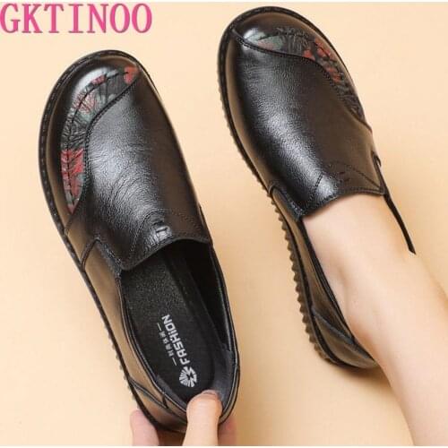 GKTINOO 2021 Spring Luxury Women Flat Elderly Shoes Retro Vintage Genuine Leather Loafers Black Womens Shoes Moccasins