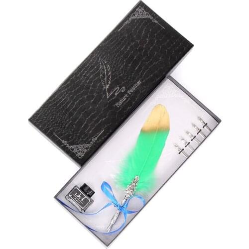 Beautiful Spray Gold Feather Pen Ink Bottle Plus Five Pen Set Stainless Steel Nib Student Stationery Retro Exquisite Suit