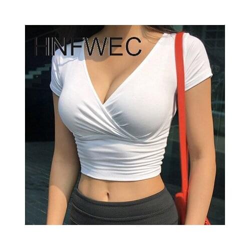 Summer Sexy Women Slim Crop Top Tees T Shirt Low Cut Short Sleeve Solid Female Teenage Girls Femmes T-shirt Cross Wrap V341