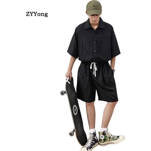 Jumpsuit Men Summer Mens Half Sleeve Belt Pockets Jumpsuit Hip hop Man streetwear pants Harajuku Short Overalls Men