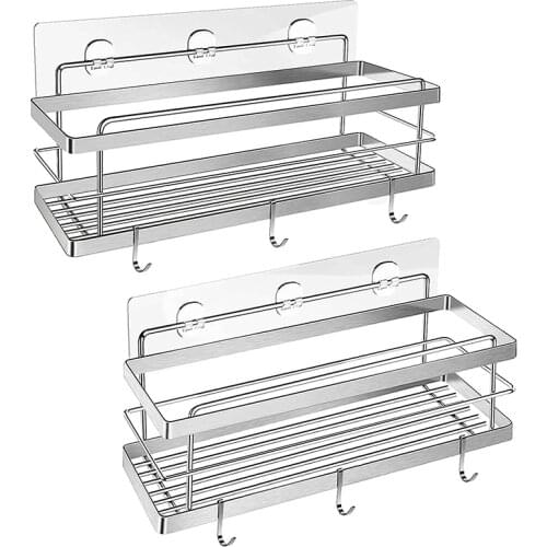 2-Pack Stainless Steel Wall Rack Kitchen Shelf Without Drill Bathroom Shower Basket Shower Shelf Organizer with Hooks