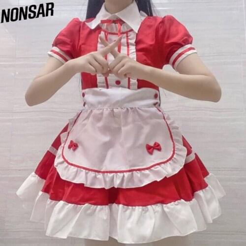 NONSAR Lolita Maid Outfit Cosplay Costumes Dress Womens Red And White Ribbon Party Sweet Dress Japanese Cute