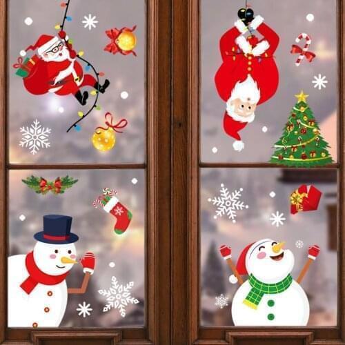 2021 New Year Decor Christmas Wall Stickers Double Side Static Sticker Santa Claus Deer Xmas Tree Window Room Decoration