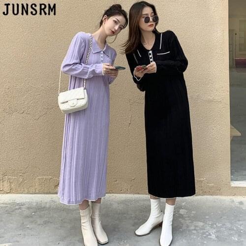 2020 Autumn Winter Thick Straight Sweater Dress Women One-Piece Korean Female Knitted Sweater Dresses Turndown Collar Midi Dress