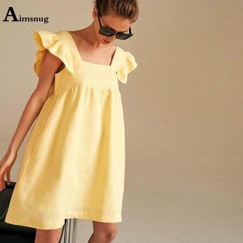 Women Casual Sweet Dress For Women Leisure Square Collar Butterfly Sleeve Loose Party Dress New Summer Short Mini Dresses Femme