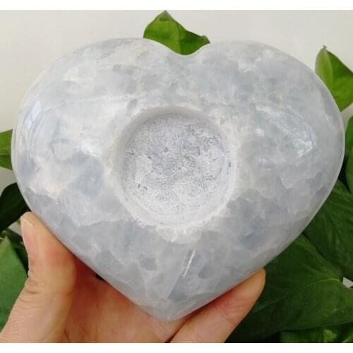 11-12cm Natural Blue Calcite Stone Hand Carved Celestite Candle Holder Dinner Crystal Heart For Home Decor Chakra Reiki Gifts
