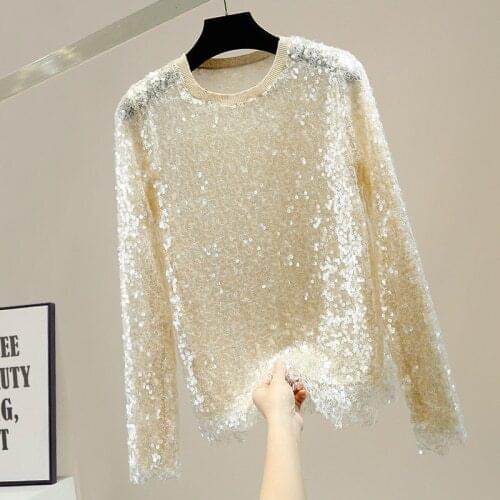 Heavy Embroidery Sequins Hollow-out Micro Transparent Round Neck Pullover Tshirt Womens Fashion Pullover Tops Shirts Blusas